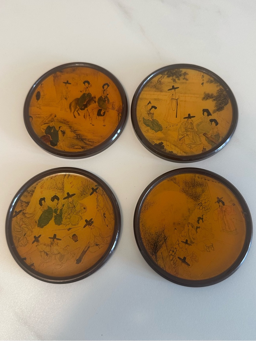 Asian Korean Oriental Art Coasters - Set of 4 w/ Cork Backs